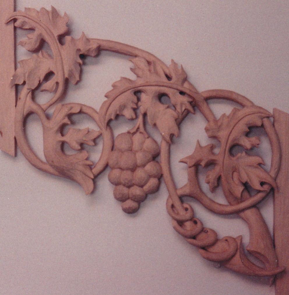 Carved grapes and leaves in pipe shades for the Schlicker pipe organ at Wisconsin Lutheran College, Wisconsin WI, Schlicker Organ Co. 